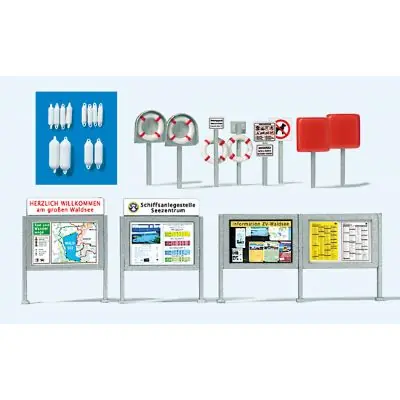 Top-Angebot Preiser 17317 Bausatz: Info-Schaukästen, Rett.-Ringe, Fender + Badebetrieb-Schilder