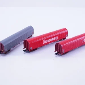 Preisreduziert (RBT273) Minitrix 15115 Schiebeplanenwagen-Set "Kronenbourg" "FRET SNCF" SNCF, DC, N, OVP - Modellbahn Rhein-Main